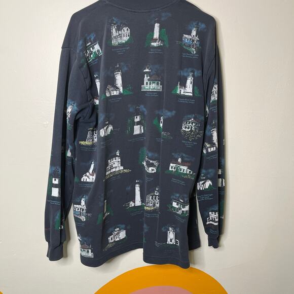 Vintage Lighthouse Cardigan Sweater Womens XL Navy Blue Button Grandmacore - Picture 2 of 13